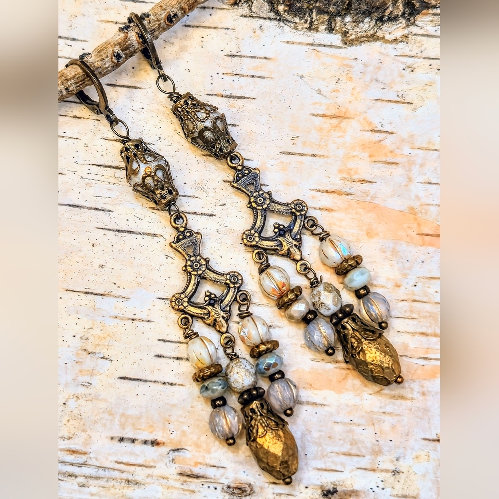Victorian Rustic White & Gold W/ White Opal AB Crystal In Brass Earrings
